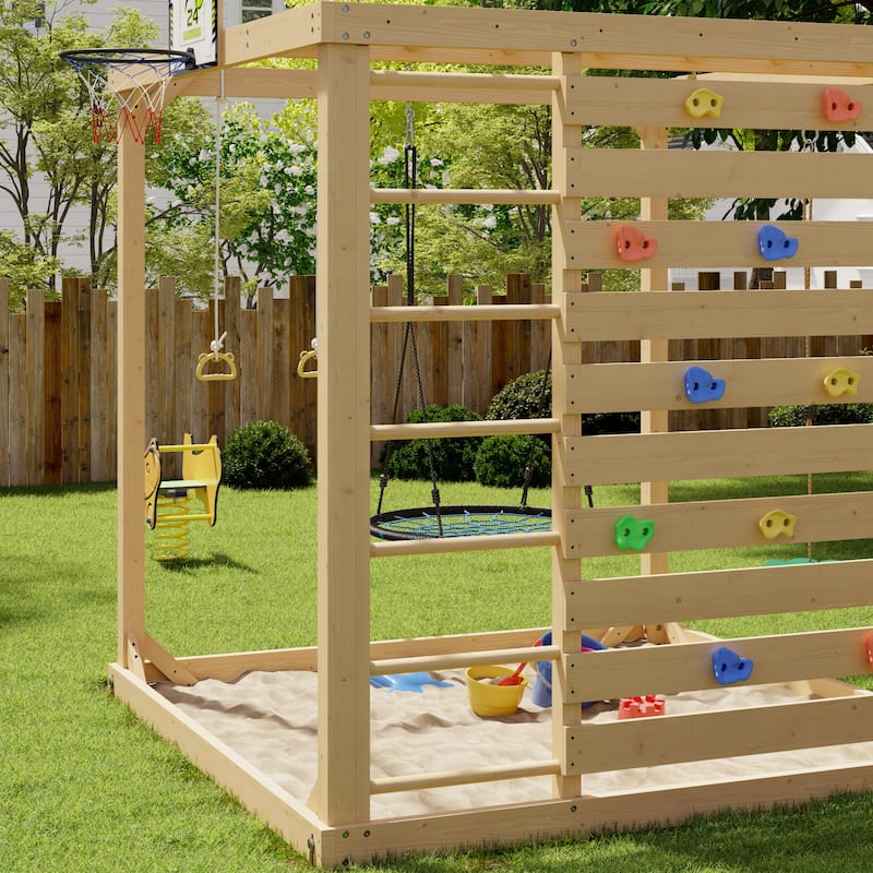 8-in-1 Cedar Wood Outdoor Playset for Backyard, Kids Swing Set with Climbing Wall, Monkey Bars, Basketball Hoop & Sand Box