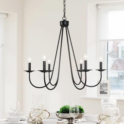 Modern Farmhouse Black/ Gold Candle Chandelier French Country 6-light Adjustable for Dining Room - D28" x H84.5"