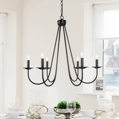Modern Farmhouse Black/ Gold Wheel Candle Chandelier 6-Light with Adjustable Swing Arms - D28" x H84.5"