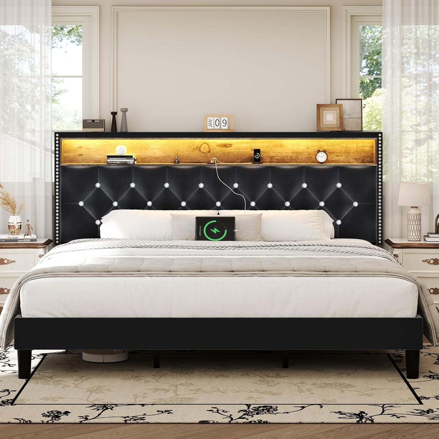 King Size Bed Frame with LED Lights, Storage Headboard, Charging Station, Velvet Upholstery, Easy Assembly, Black