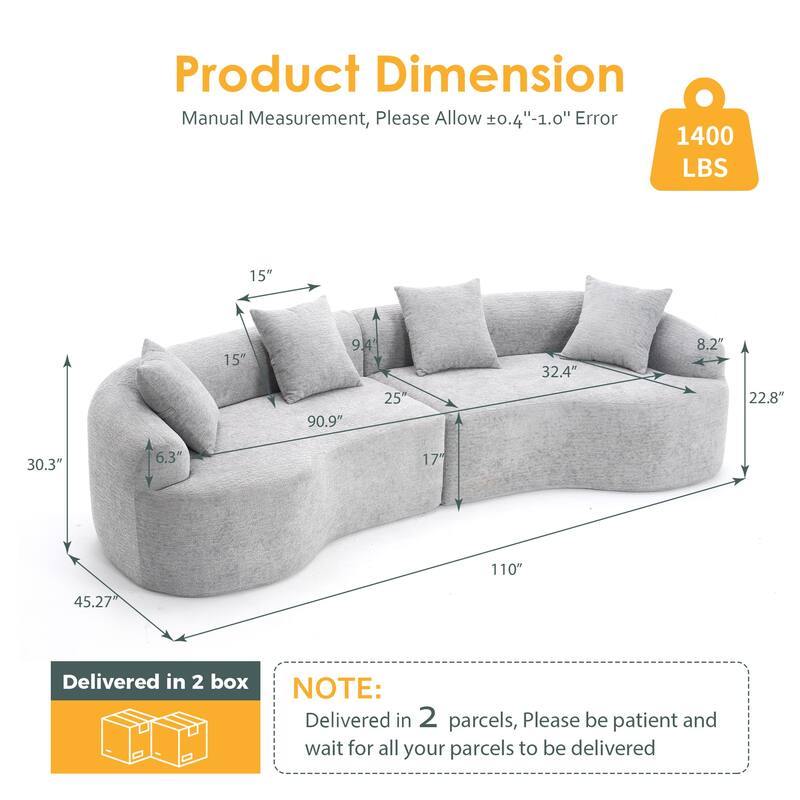 Modular Curved Sectional Sofa, Full Compression 4-Seater Foam Couch, Chenille Boneless Cloud Sofa for Living Room, Bedroom - Grey