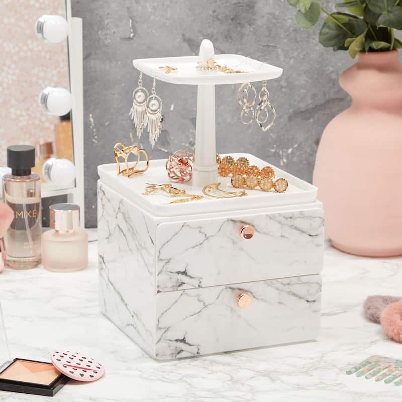 Marble Jewelry Display Tray and Makeup Organizer with Drawer for Vanity (7.3 x 7.7 x 13 in)