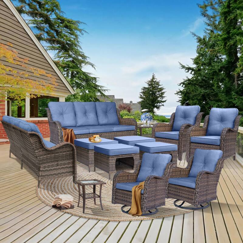 12 Piece Outdoor Wicker Patio Conversation Swivel Chairs Furniture Set - Blue-Brown Rattan