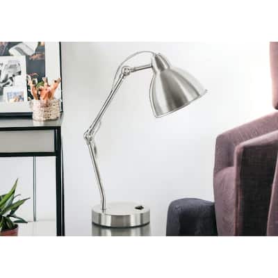 HomeRoots 17" Nickel Metal Round USB Table Lamp With Nickel Dome Shade - 11.75