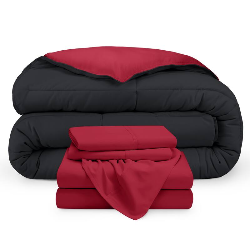 Bare Home Down Alternative Reversible Bed-in-a-Bag - Black/Red, Sheets: Red - California King