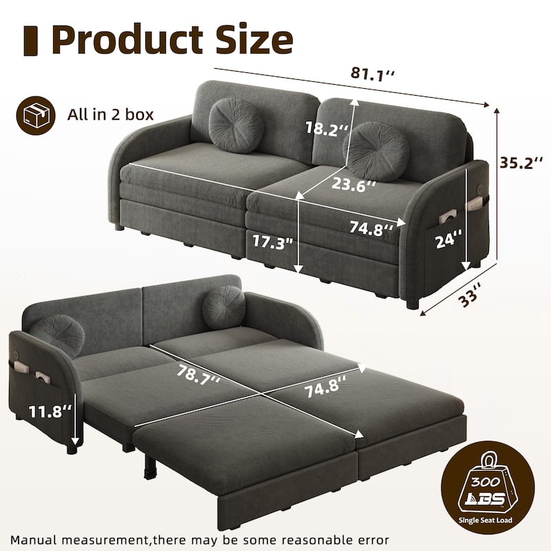 Homy Casa 3-in-1 Convertible Sleeper Sofa Bed, Pull-Out Couch w/ USB, Side Pocket & 4 Pillows, Chenille, 2/3/4-Seat