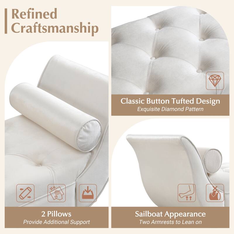 Upholstered Velvet Bench End of Bed Bench with 2 Pillows, Button Tufted Ottoman Beige Footstool with Rolled Arms