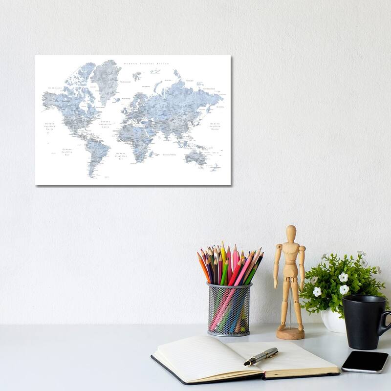 iCanvas "Labels In Spanish Blue And Grey World Map" by blursbyai Canvas Print - 8x12x0.75