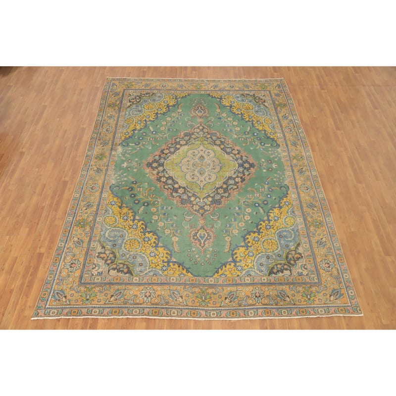 Hand Knotted Oriental 100% Wool Carpet Traditional Floral Green Tabriz Area Rug - 12' 10'' X 9' 6''