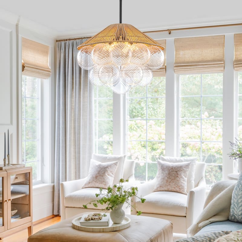 20.5" 4-Light Farmhouse Rope Chandelier Cone Shades Clear Glass Balls - Dia.20.5-in