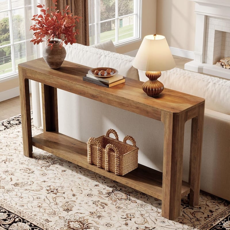 2-Tier Entryway Console Table, 63 Inches Farmhouse Narrow Sofa Table Behind Couch