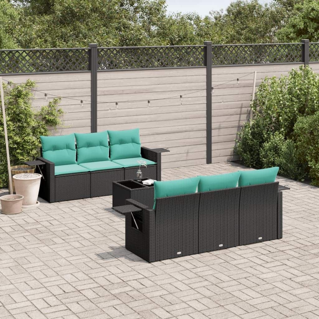 vidaXL 7 Piece Patio Sofa Set with Cushions Black Poly Rattan - 21.7 x 24.4 x 27.2