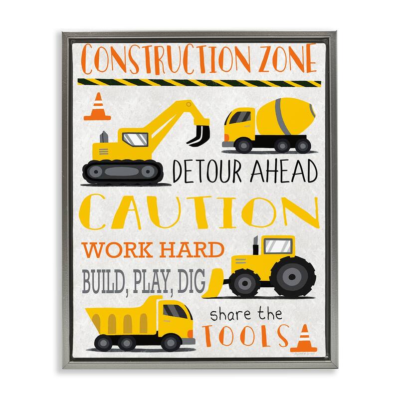 Stupell Construction Zone Ahead Framed Floater Canvas Wall Art Design By Elizabeth Tyndall - 17 x 21 - Grey