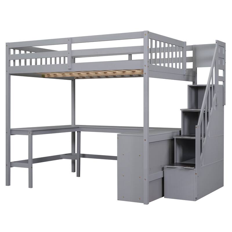 Full Size Loft Bed with L-Shaped Desk, Storage Shelves, and Staircase, Gray