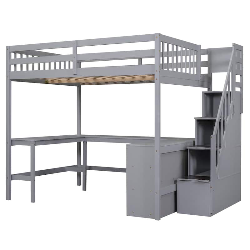Full Size Pine Wood Loft Bed with L-Shaped Desk and Storage