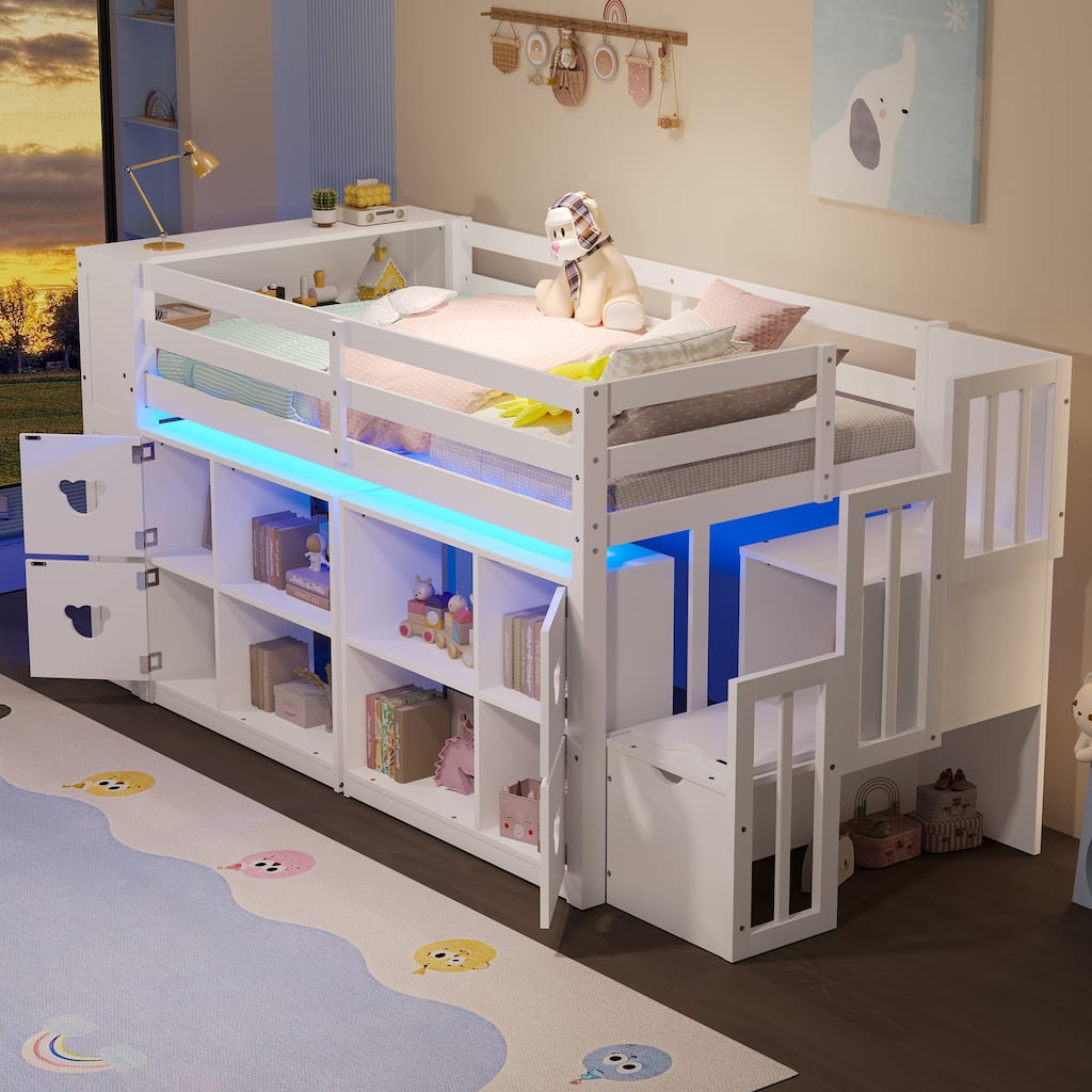 Kids Twin Size Captains Bed Low Loft Bed with LED, Cabinets, Stair Drawers and Shelves, Cabinet Door with Bear-shaped Handles