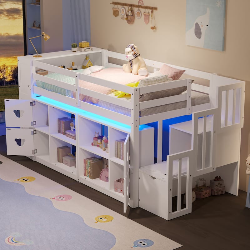 Twin Size LED Loft Bed, Wooden Low Loftbed Frame with Under Bed Storage, Shelves and Storage Stairs