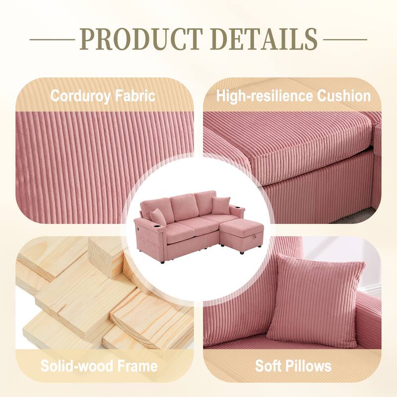 HOMEFUN Corduroy Upholstered L-shaped Pull-Out Storage Sectional Sofa with Storage Ottoman,USB Charging,Cup Holder