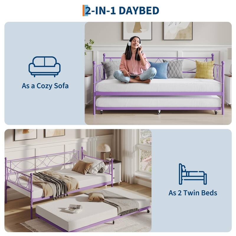 Metal Day Bed Twin Trundle Bed Frame, with Premium Steel Slat Support