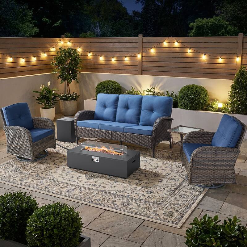 Pocassy Outdoor 5-Piece Sofa Swivel Chair with Fire Pit Table - Brown Wicker Blue Cushion - 5-Piece Sofa Swivel Chair with Fire Pit Table