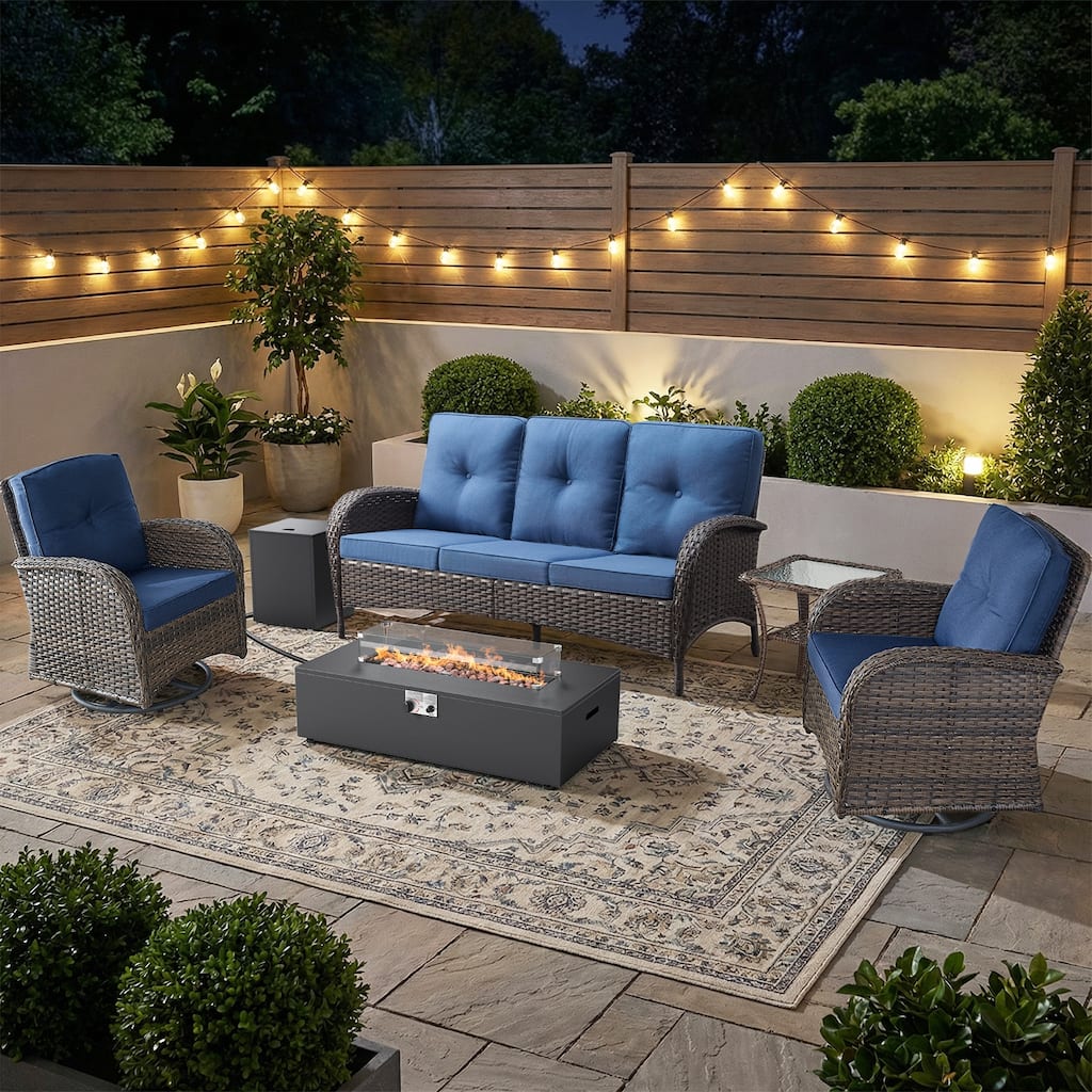 Pocassy Outdoor 5-Piece Sofa Swivel Chair with Fire Pit Table
