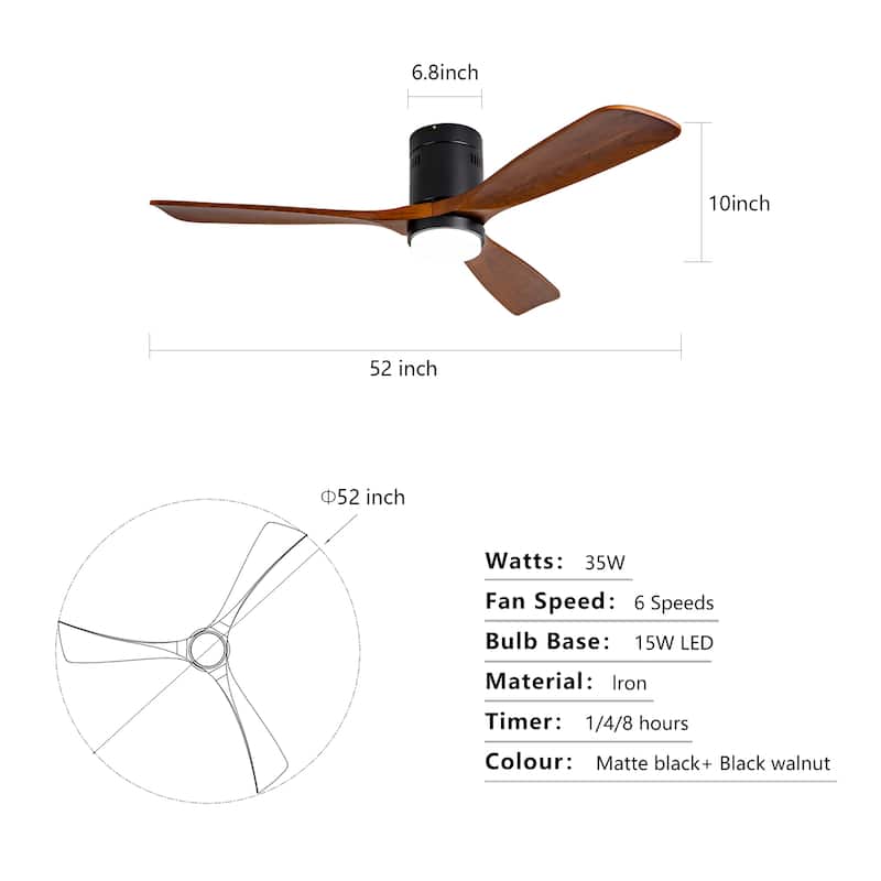 52 Inch Flush Mount Ceiling Fan with Lights and Remote Control, Wood Blades, Quiet DC Motor - Indoor/Outdoor - Black