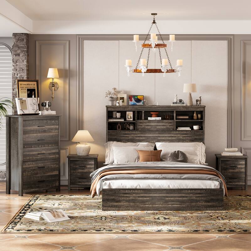 4-Piece Queen Bedroom Set - Storage Headboard with Charging, 2 Nightstands & 5-Drawer Dresser - Antique Gray