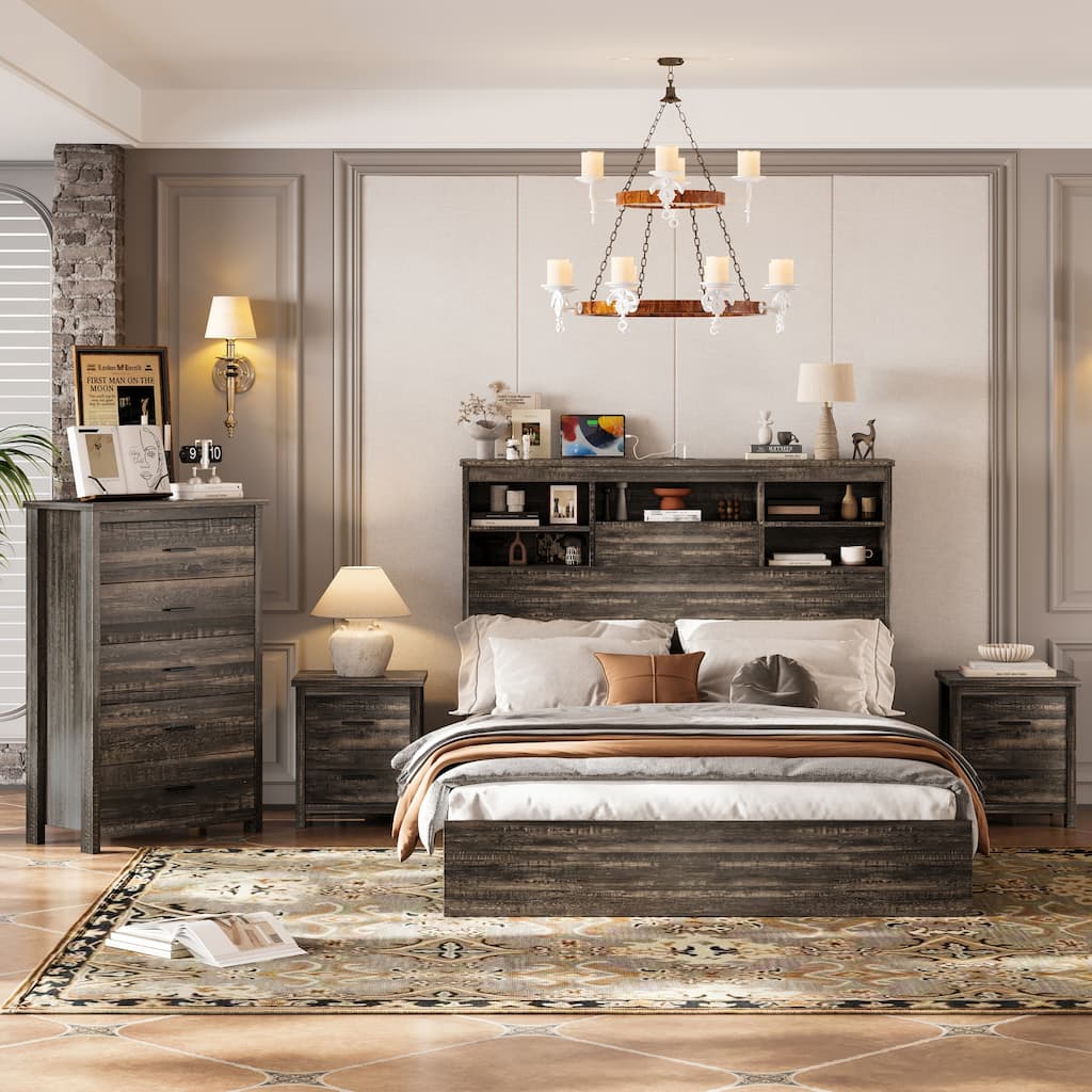 Roomfitters 4-Piece Bedroom Set, Wooden Queen Size Bed with Storage Headboard and Charging Station
