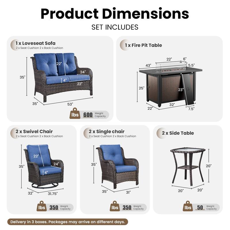 Gymojoy 8-Piece Outdoor Wicker Patio Furniture Set with Swivel Glider Rocker & 55,000 BTU CSA Propane Fire Pit