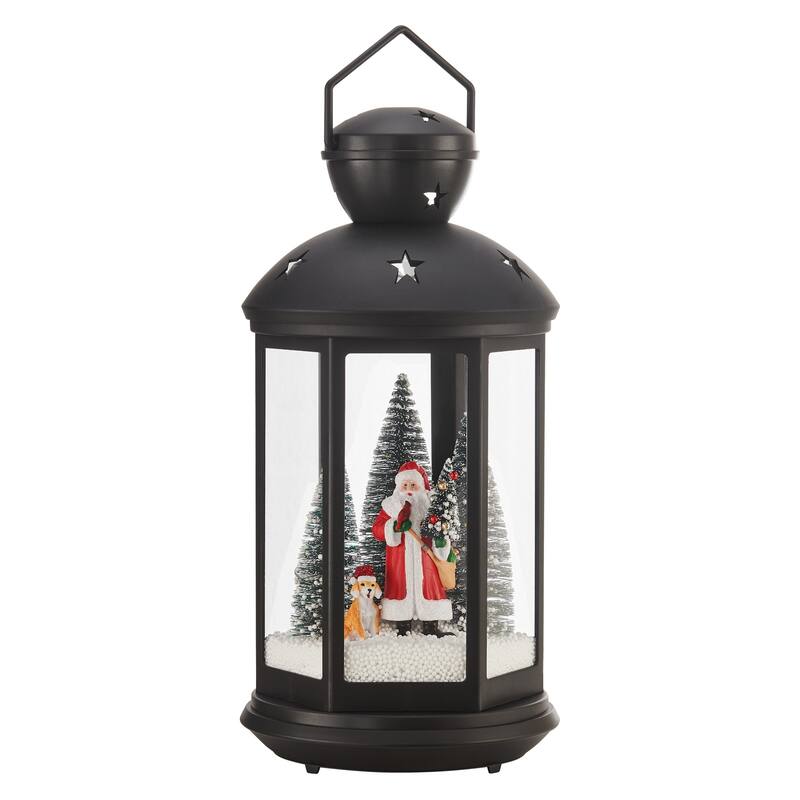 LED Lighted Musical Santa Scene Lantern Christmas Snow Globe - 19.5" - Black