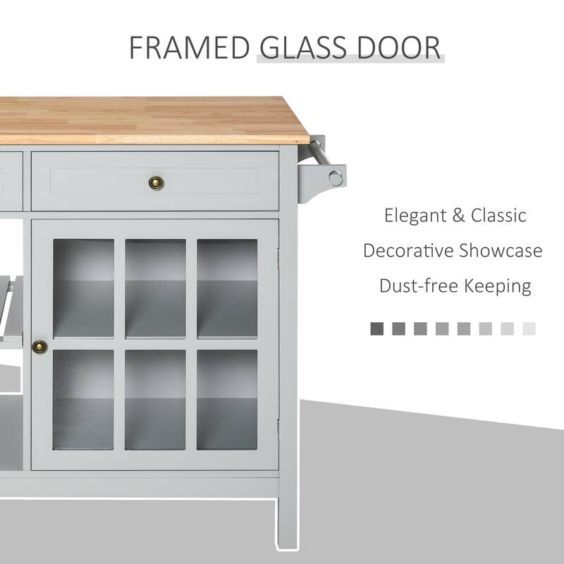 HOMCOM Kitchen Island Utility Storage Cart with Rubber Wood Top, Towel Rack, 2 Cabinets & Drawers for Dining Room