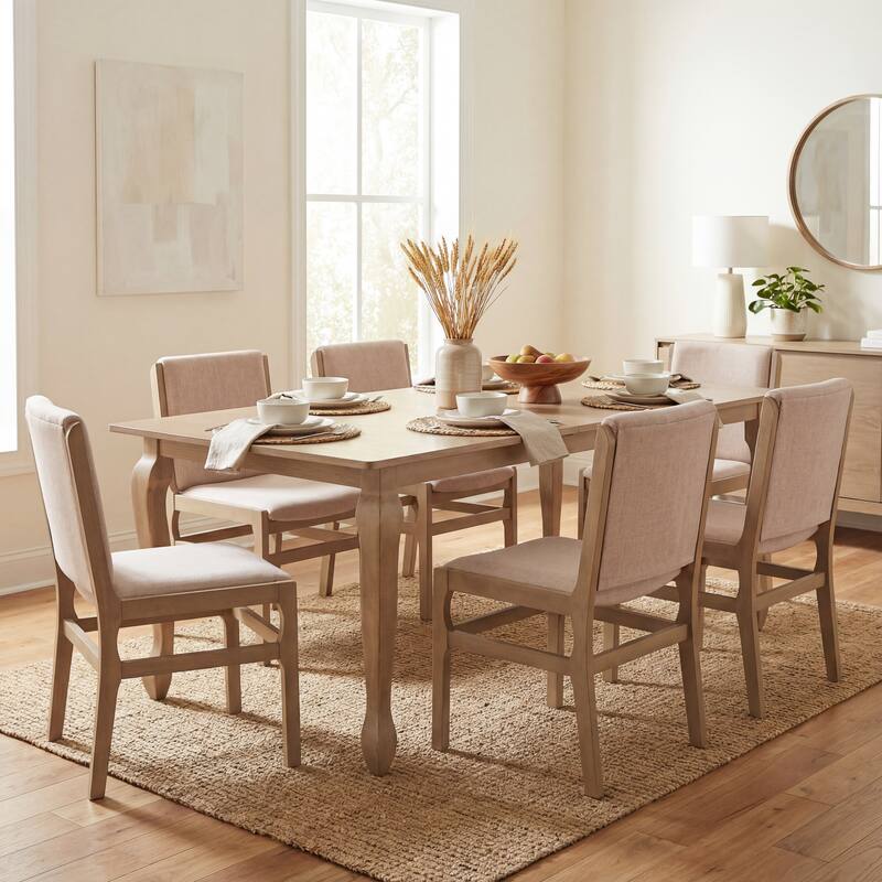 Christopher Knight Home - French Country Extendable Dining Set with Butterfly Leaf Table & Upholstered Armless Dining Chairs - 7-Piece Set - Light Ash+Beige