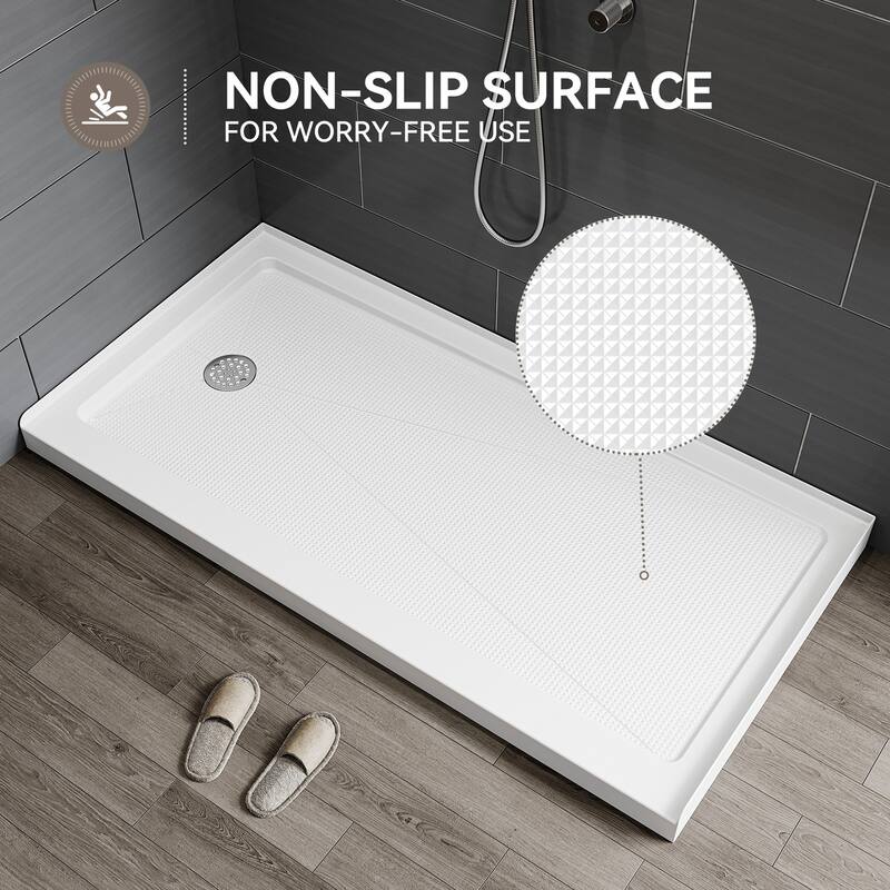 HOROW 60 x 30 Inch Alcove Shower Pan Base in High Gloss White with Wide Threshold Design - Left Drain Location