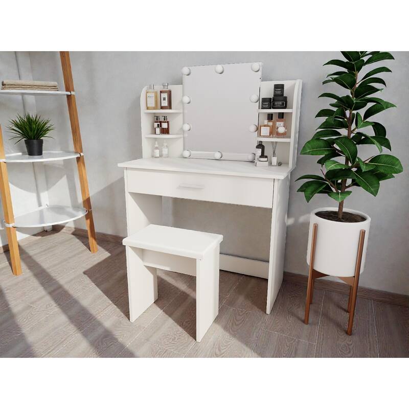 Modern One-Drawer Vanity Table with Adjustable Mirror, Stool & Storage Shelves, Compact Makeup Desk for Small Bedrooms
