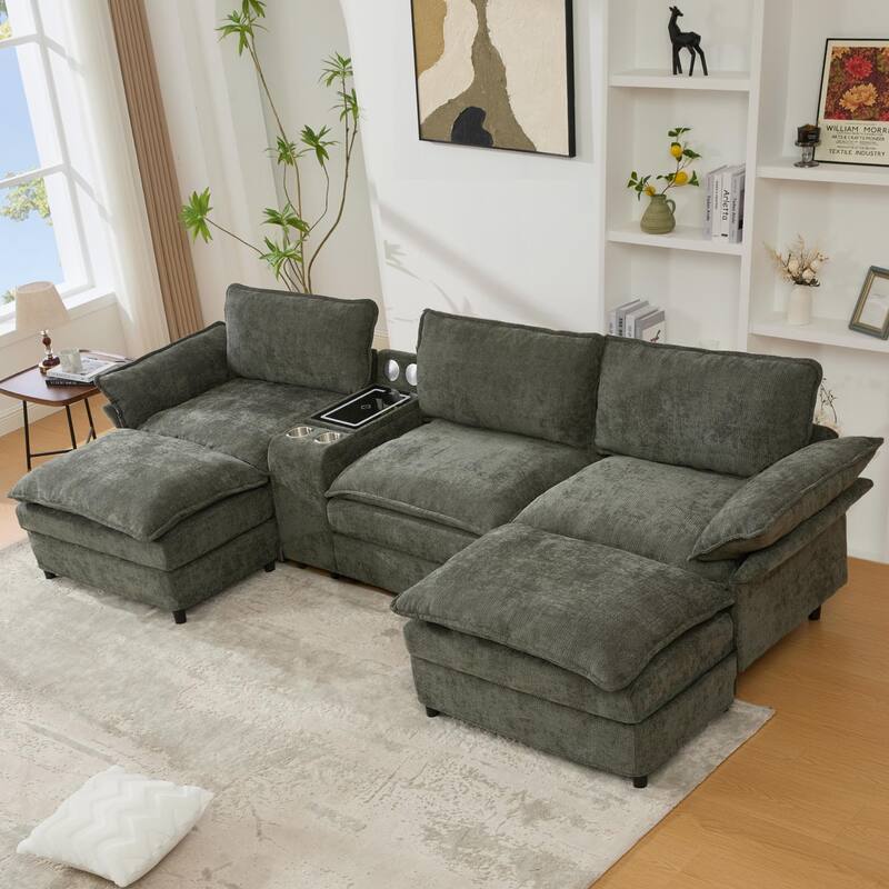 U-Shaped Chenille Modular Sofa with Bluetooth Speakers, Wireless Charging, Storage Console, 2 Cup Holders & Movable Ottoman