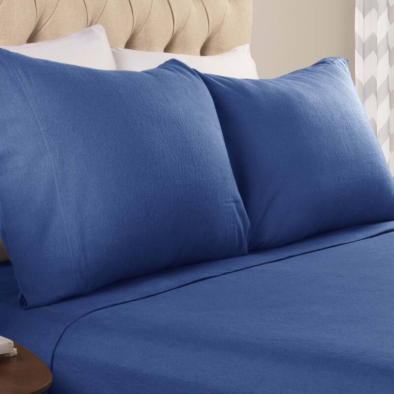 Superior Solid Flannel Cotton Fuzzy Pillowcases, Set of 2 - Standard - Navy Blue