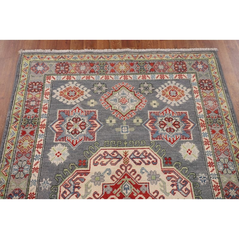 Geometric Kazak Rug Hand-Knotted Grey Oriental Wool Carpet - 4'0" x 6'0"