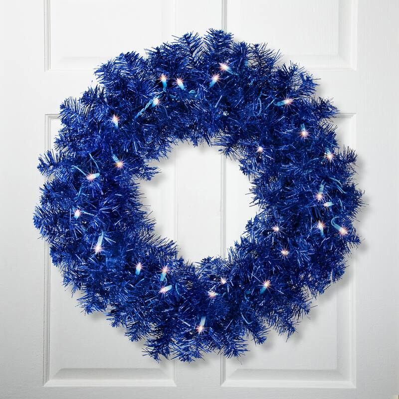 Pre-Lit Artificial Tinsel Christmas Wreath - 24" - Blue - Clear Lights