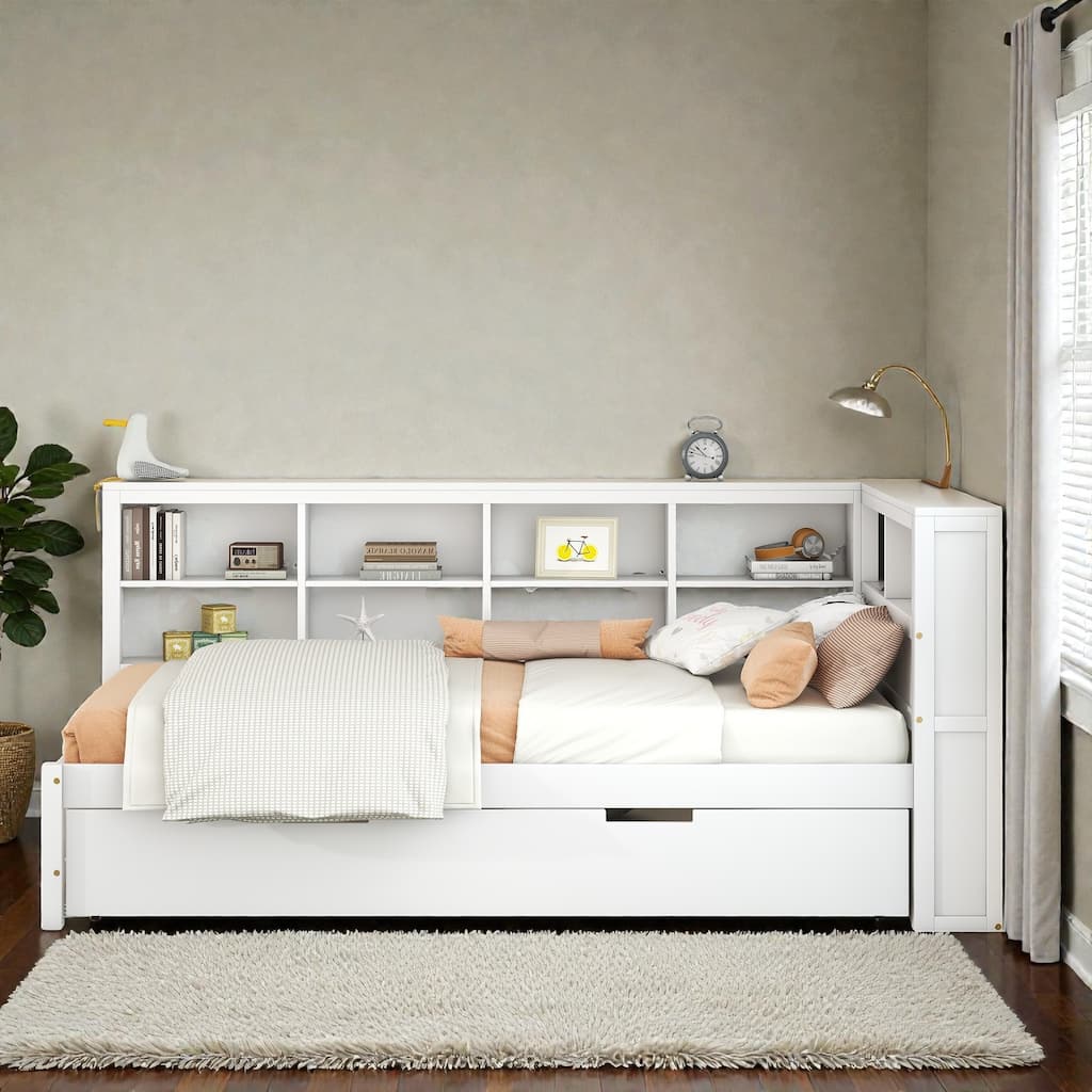Twin/Full Wooden Daybed with Twin Trundle, Storage Shelf, USB Charging Ports, Slat Support, Space-Saving Design
