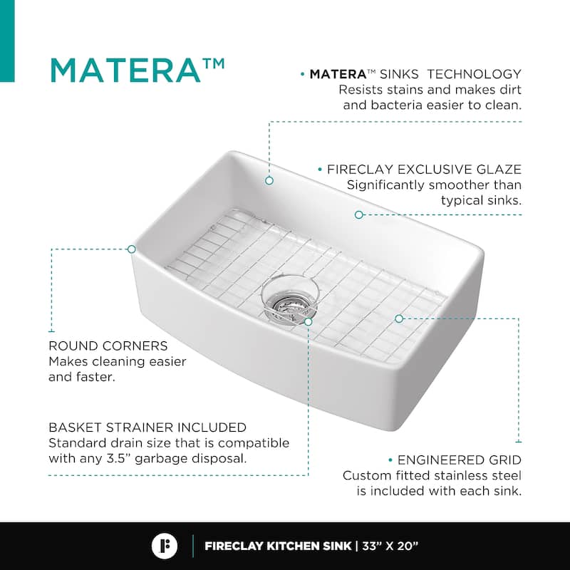 Premium White Fireclay Curved Apron Front Kitchen Sink for Home, Farmhouse (Grid & Strainer Included)