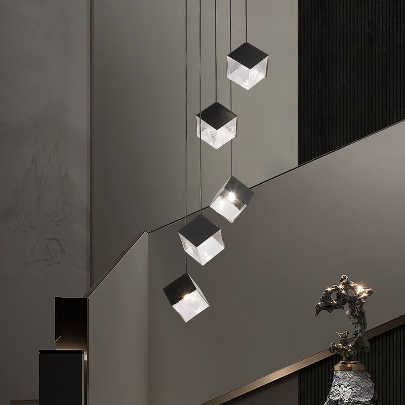 Ice Cube Pendant Lights Cluster Stairway Multi 5-Light Pyrite Chandelier - N/A