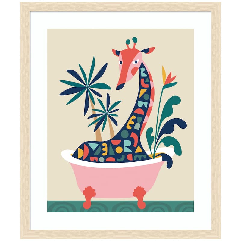 Kate and Laurel Framed Art Mid Century Modern Giraffe in Bathtub by Rachel Lee - Natural
