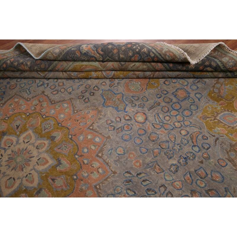 Distressed Tabriz Vintage Persian Area Rug Handmade Grey Wool Carpet - 9'10" x 12'10"
