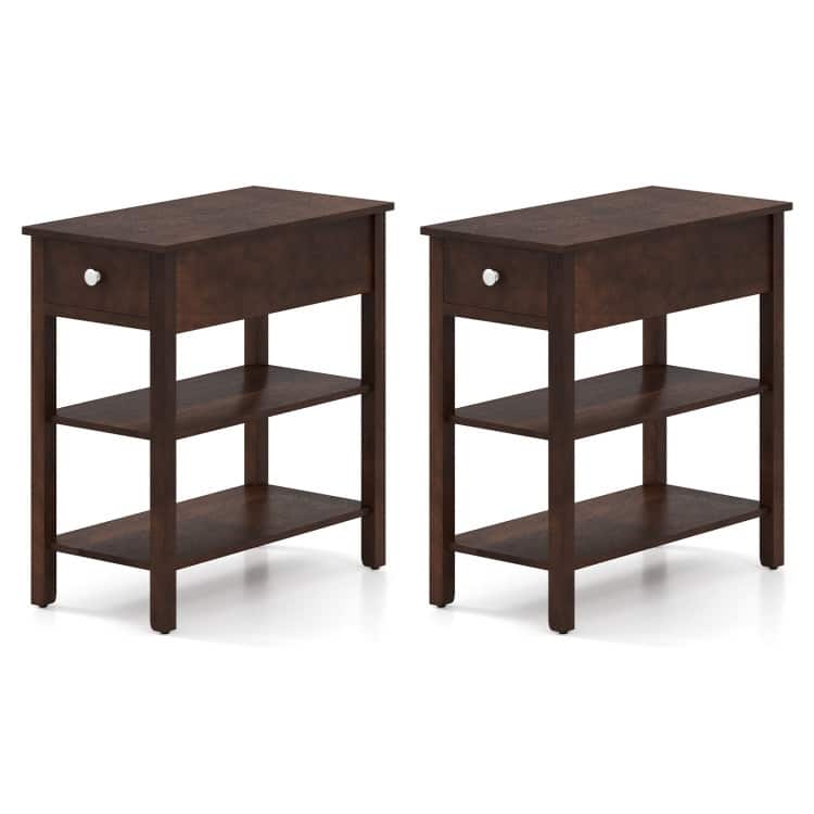 3-Tier Narrow End Table with Drawer and Storage Shelves Set of 2 - 23.5" x 12" x 24.5" - Walnut