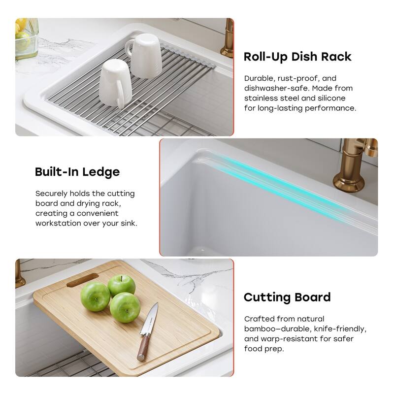 HOROW 33 in. White Ceramic Drop-In Kitchen Sink with Standard & Bottom Grid, Drain, Cutting Board