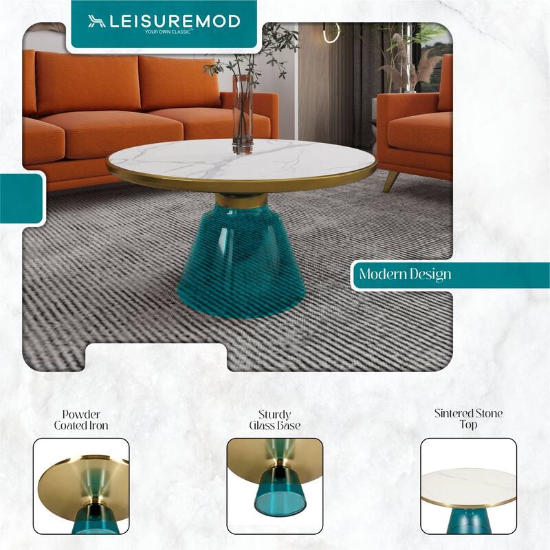 30-Inch Round Coffee Table Glass/Stone Tabletop with Gold Iron Rim Frame Glass Pedestal Base