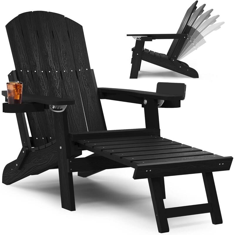 WINSOON All Weather HIPS Folding Adirondack Chair with Adjustable Backrest and Retractable Ottoman - Black