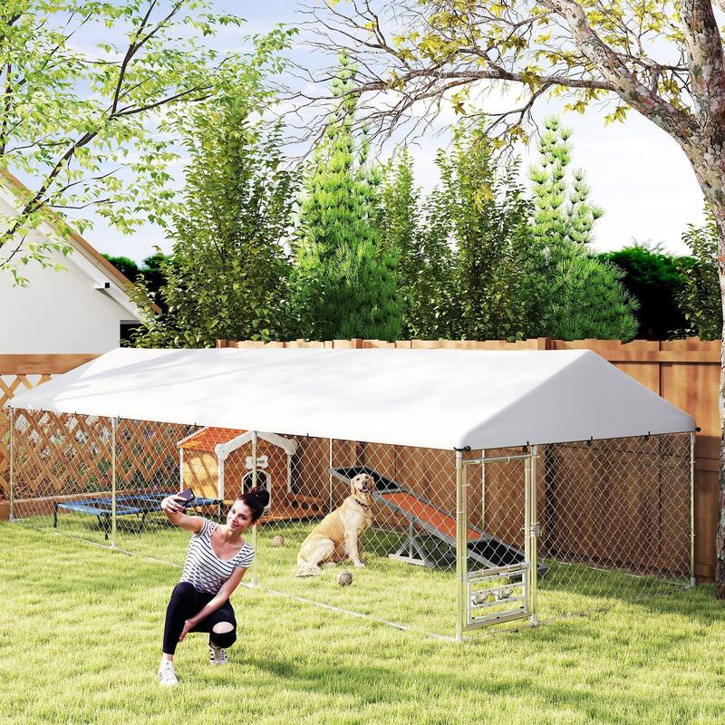 PawHut Outdoor Dog Kennel, Heavy Duty Dog Kennel Outside with Adjustable & Rotatable Bowl Rack, Waterproof Cover