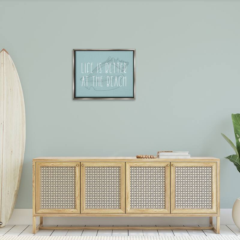 Stupell Better at Beach with Shell Framed Floater Canvas Wall Art Design by Lil' Rue