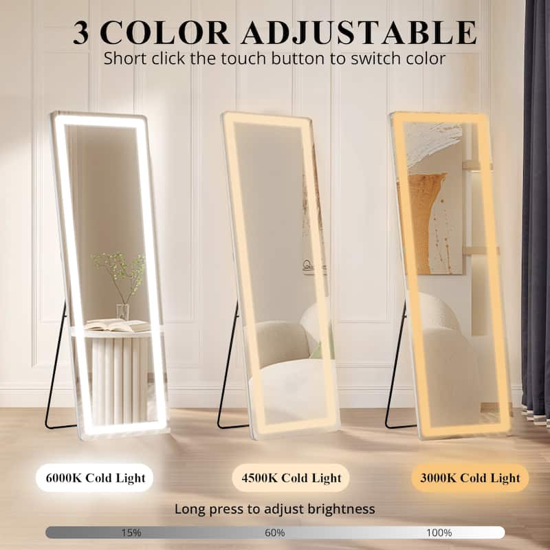 Rectangle Aluminum Alloy Frame Full Length Mirror with Stand & Dimmable 3-Color Lighting for Bedroom Cloakroom